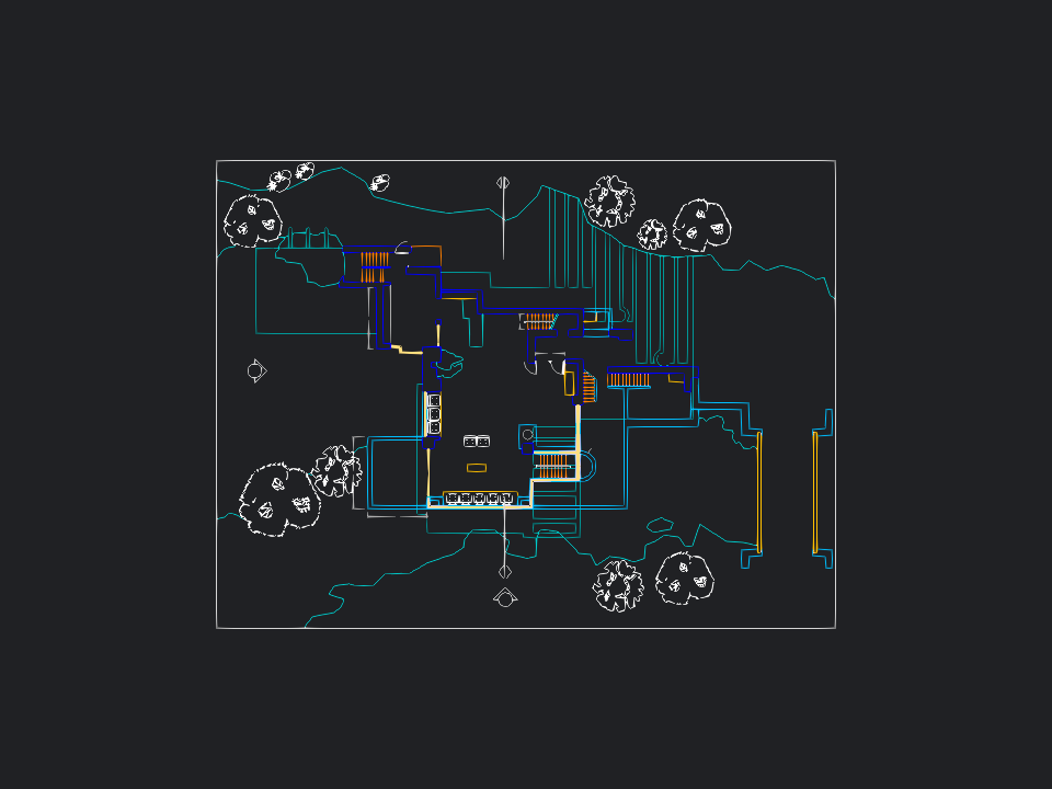 Architectural site plan with terrain, rooms, stairs, trees and projection lines