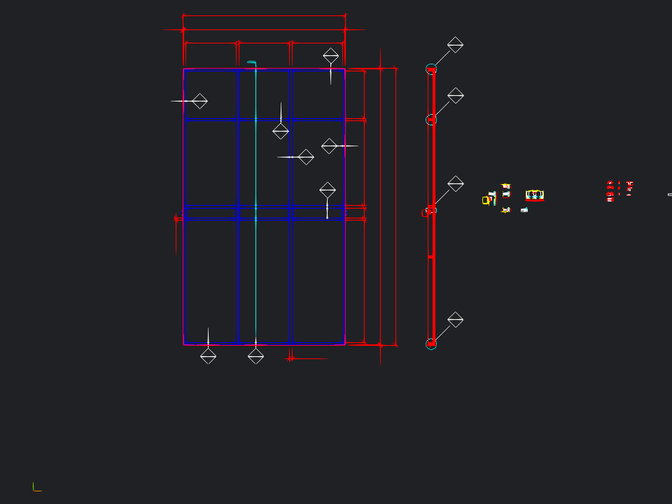 Curtain wall construction drawing with frame elevations, dimensions and detail callouts