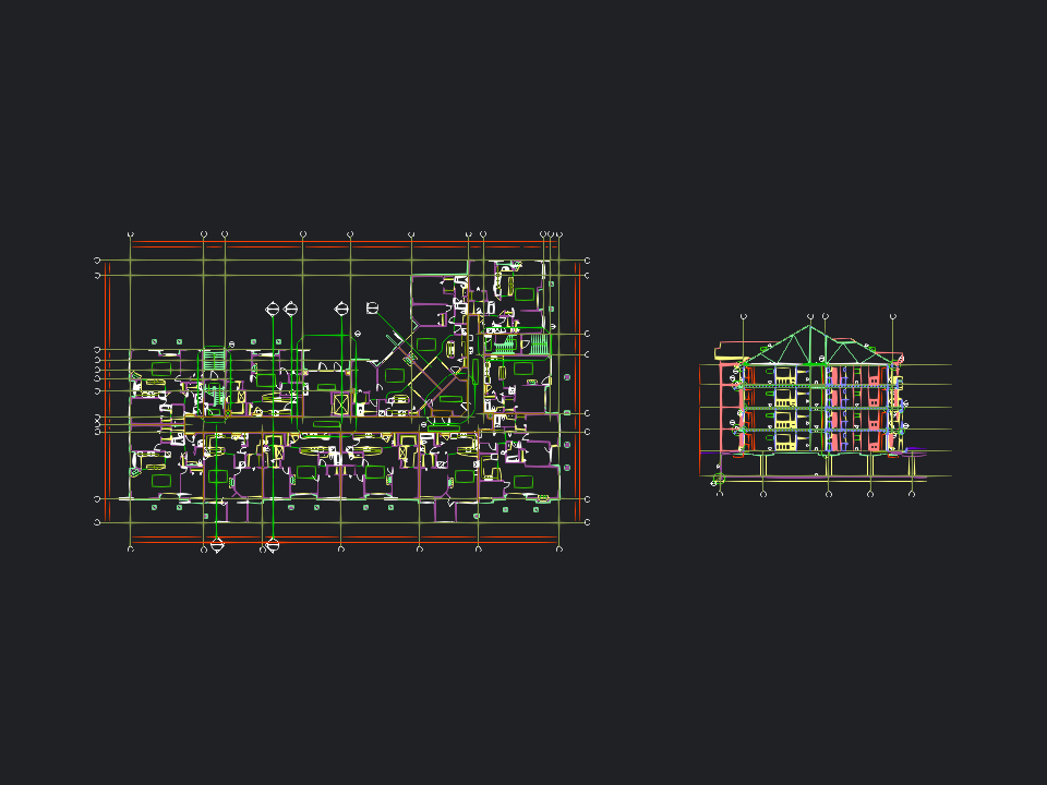 Large multi-unit building plan with apartments, corridors, dimensions and annotations